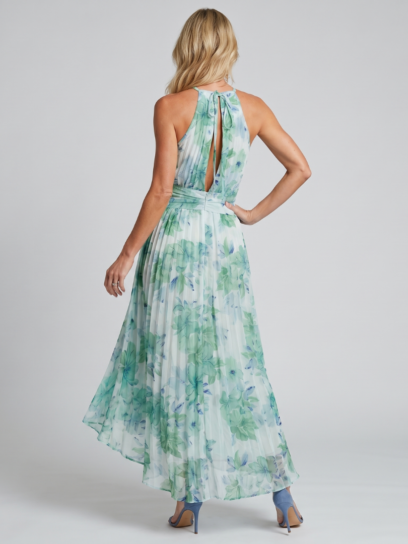 Portia | Plisseret Halter Maxi Kjole med Blødt Blomsterprint
